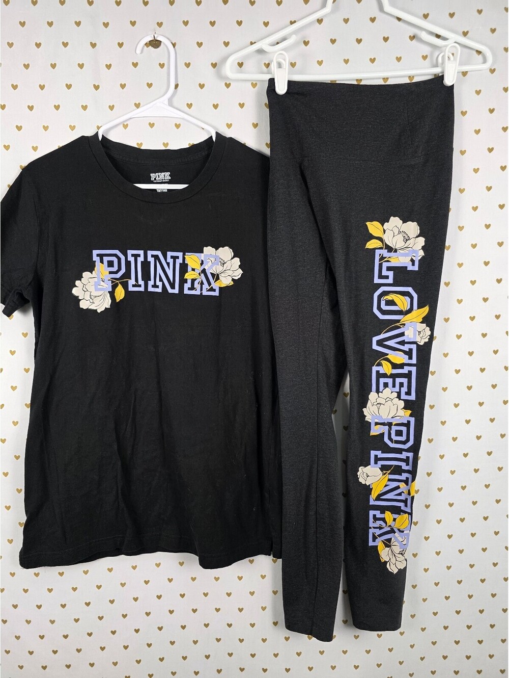 Victorias Secret PINK Floral Logo SET Tee shirt Yoga Pants XS SET OUTFIT